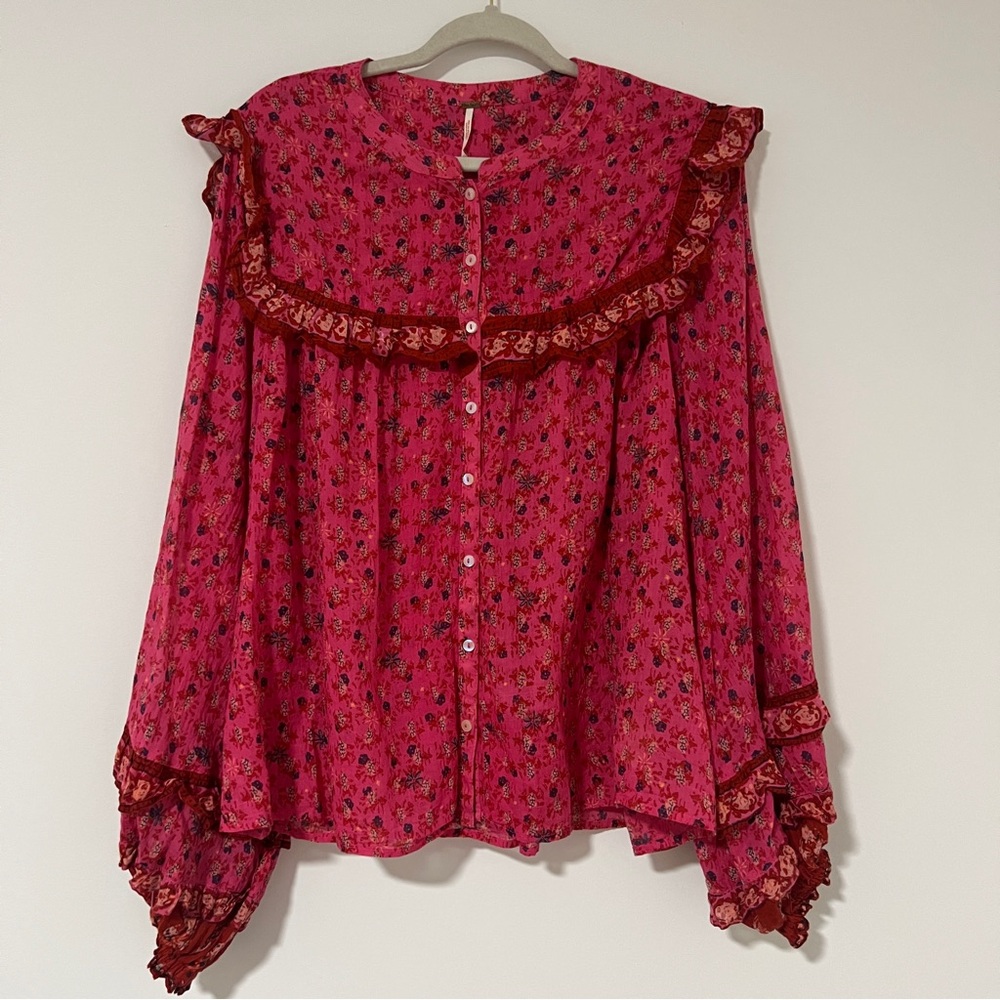 Free People Jenna Floral Print Peasant Blouse Size XL Long Sleeve Boho Cottage